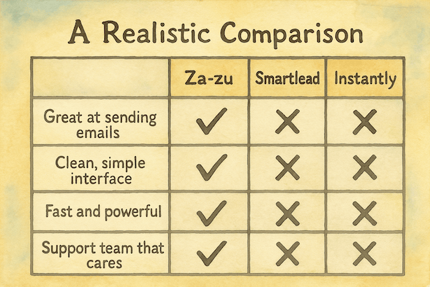 Za-zu vs Smartlead vs Instantly feature comparison chart showing Za-zu being great at sending emails, a clean, simple interface, being fast and powerful, and having a support team that cares.