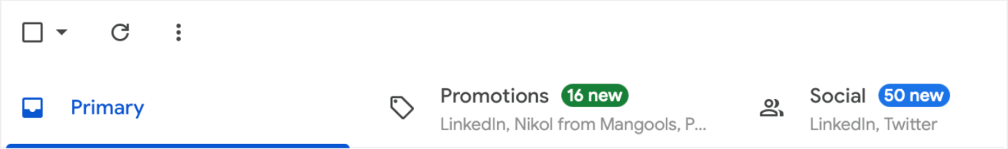 The Google email category tabs (primary, promotions, social)