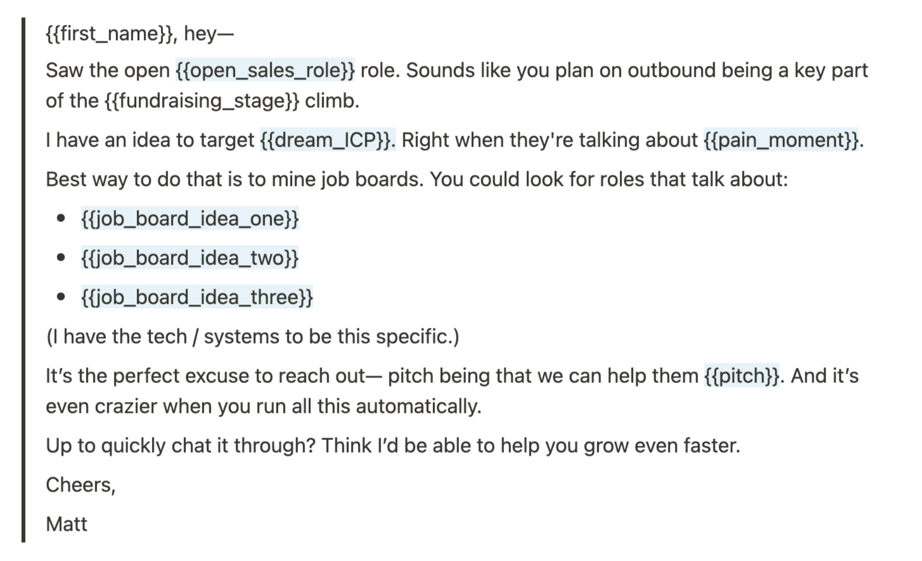 AI cold email example with dynamic personalization variables - demonstrates how to customize outreach using job board data and company-specific pain points.