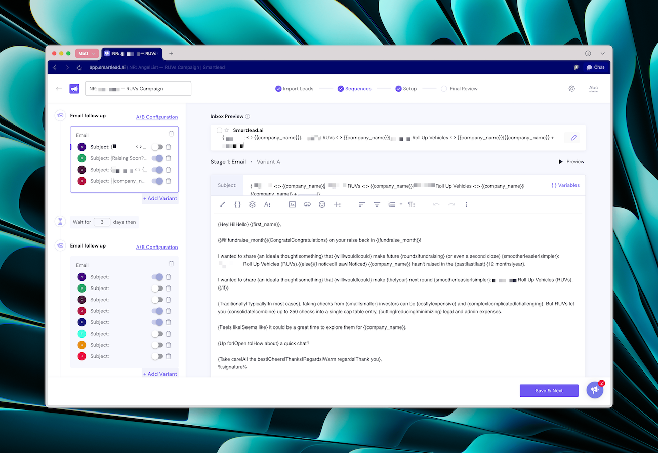 Smartlead Instantly campaign builder showing complex Liquid syntax code making cold email campaigns difficult to read and edit - demonstrates why users switch to Za-zu's visual interface