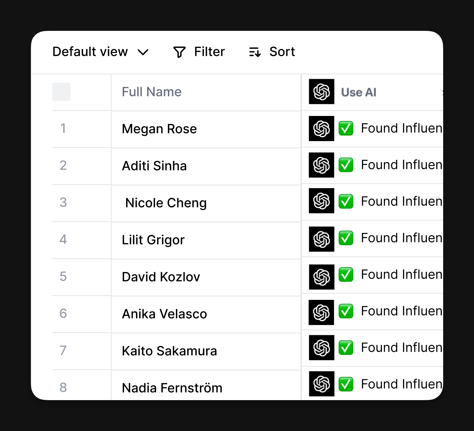 A spreadsheet that is enriching each row with an AI column